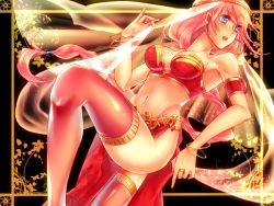 Rule 34 | 1girl, :o, aiiro yozora, arabian clothes, armband, bare shoulders, blue eyes, blush, bracelet, braid, breasts, collarbone, dancer, earrings, female focus, harem outfit, jewelry, large breasts, leg up, legs, long hair, long skirt, megurine luka, midriff, navel, neck, open mouth, pink hair, red thighhighs, revealing clothes, ring, round teeth, side slit, skirt, solo, strapless, teeth, thighhighs, thighs, vocaloid