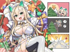 Rule 34 | !, &gt; o, ...?, 1girl, absurdres, arms up, bell, blonde hair, blush, bound, box, breasts, christmas, christmas lights, christmas stocking, christmas tree, cleavage, comic, ear piercing, fang, gift, gift box, goddess of victory: nikke, green eyes, hair between eyes, hat, highleg, highleg leotard, highres, jacket, junsuina fujunbutsu, ladder, large breasts, leotard, long hair, looking at viewer, one eye closed, open clothes, open jacket, open mouth, piercing, rupee (nikke), rupee (winter shopper) (nikke), star (symbol), sweat, thighhighs, white jacket, white leotard