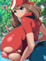 Rule 34 | 1girl, ?, ass, blue eyes, breast expansion, breasts, brown hair, creatures (company), game freak, gigantic breasts, lactation, looking at viewer, looking back, may (pokemon), nintendo, nipples, norio (pheromosa times), open mouth, outdoors, pokemon, pokemon rse, smile, solo