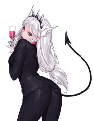 Rule 34 | 1girl, :p, alcohol, black pants, black suit, commentary, cup, demon girl, demon horns, demon tail, drinking glass, formal, gloves, headdress, helltaker, highres, horns, long hair, looking at viewer, low-tied long hair, lucifer (helltaker), mole, mole under eye, pant suit, pants, red eyes, silver hair, simple background, siun, solo, suit, tail, tongue, tongue out, white background, white gloves, white horns, wine, wine glass