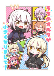 Rule 34 | 6+girls, :d, absurdres, ahoge, artoria pendragon (all), artoria pendragon (fate), black capelet, black dress, black headwear, black jacket, black ribbon, black shirt, black shorts, blonde hair, braid, brown eyes, capelet, commentary request, diagonal stripes, dress, elizabeth bathory (brave) (fate), elizabeth bathory (fate), eyes visible through hair, fate/grand order, fate (series), fujimaru ritsuka (female), fur-trimmed jacket, fur-trimmed sleeves, fur trim, glasses, hair between eyes, hair over one eye, hair ribbon, highres, hood, hood down, hooded jacket, jacket, jako (jakoo21), jeanne d&#039;arc (fate), jeanne d&#039;arc (swimsuit archer) (fate), jeanne d&#039;arc (swimsuit archer) (first ascension) (fate), jeanne d&#039;arc alter (fate), jeanne d&#039;arc alter (ver. shinjuku 1999) (fate), long hair, long sleeves, low ponytail, mash kyrielight, multicolored capelet, multiple girls, notice lines, official alternate costume, open clothes, open jacket, open mouth, orange capelet, pink hair, pointy ears, polka dot, ponytail, purple eyes, purple jacket, ribbon, saber alter, saber alter (ver. shinjuku 1999) (fate), shirt, short shorts, shorts, sleeves past wrists, smile, sparkle, striped, very long hair, white hair, wicked dragon witch ver. shinjuku 1999