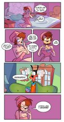 Rule 34 | 1boy, 1girl, bed, black eyes, blush, bow, breasts, brown hair, cleavage, comic, couch, eyebrows, furry, goof troop, goofy, herny, highres, open mouth, peg pete, pillow, shirt, short hair, sitting, sweater, sweater vest, teeth, text focus, thaman, towel
