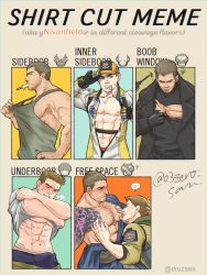 Rule 34 | 03zero san, 2boys, arm hair, arm tattoo, bara, bare pectorals, baseball cap, black coat, black gloves, black hair, black male underwear, black shirt, blouse, blush, bodysuit, boxer briefs, brown hair, bulge, chest hair, chest tattoo, chris redfield, closed eyes, clothes lift, coat, dripping, erection, erection under clothes, facial hair, food, food in mouth, gloves, green tank top, grey bodysuit, hat, highres, japanese clothes, jewelry, kimono, large pectorals, licking, licking nipple, lifted by self, looking at another, male focus, male underwear, male underwear peek, meme, multiple boys, multiple drawing challenge, muscular, muscular male, navel, necklace, nipple stimulation, nipple tweak, nipples, official alternate costume, open bodysuit, open clothes, open coat, pectorals, piers nivans, popsicle, racing suit, resident evil, resident evil 6, resident evil village, scar, scar on chest, shirt, shirt cut meme, shirt lift, short hair, tank top, tattoo, teeth, tongue, tongue out, torn clothes, torn shirt, twitter username, two-tone bodysuit, underwear, undressing, white shirt, yaoi, yellow bodysuit
