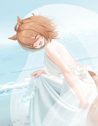 1girl :d agnes_tachyon_(umamusume) animal_ears backless_dress backless_outfit bare_arms bare_shoulders blue_sky blush breasts bridal_veil brown_hair closed_eyes clothing_cutout commentary_request cowboy_shot day dress dress_shirt facing_viewer from_side hahakigi hair_between_eyes highres horse_ears horse_girl horse_tail large_breasts leaning_forward ocean open_mouth outdoors see-through_clothes shirt short_hair sky smile solo tail tail_through_clothes umamusume veil water wedding_dress