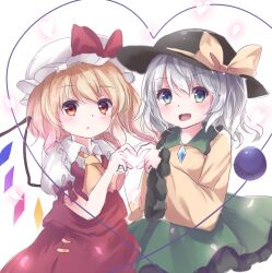 Rule 34 | 2girls, ascot, black hat, blonde hair, blouse, blush, bow, breasts, collared shirt, flandre scarlet, frilled shirt collar, frilled skirt, frilled sleeves, frills, green eyes, green skirt, grey hair, happy, hat, hat bow, hat ribbon, heart, heart hands, heart hands duo, heart of string, komeiji koishi, long sleeves, looking at viewer, medium hair, mob cap, multicolored wings, multiple girls, open mouth, orange eyes, puffy short sleeves, puffy sleeves, red bow, red skirt, red vest, ribbon, shirt, short sleeves, simple background, skirt, skirt set, small breasts, third eye, touhou, vest, white background, white hat, white shirt, wide sleeves, wings, yellow ascot, yellow bow, yellow ribbon, yellow shirt, yuria (kittyluv)