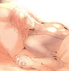 Rule 34 | 10s, 1boy, bad id, bad pixiv id, bandage on face, bandages, bandaid, bed frame, blush, bruise, granblue fantasy, half-closed eyes, highres, holding hands, injury, male focus, monochrome, on bed, pectoral cleavage, pectorals, percival (granblue fantasy), pillow, pokosuka, pov, pov across bed, smile, solo focus, under covers, upper body