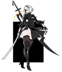 Rule 34 | 1girl, absurdres, black dress, black gloves, black thighhighs, blindfold, boots, breasts, cleavage cutout, clothing cutout, dress, full body, gloves, hairband, highres, juliet sleeves, katana, lips, long legs, long sleeves, makai, mole, mole under mouth, nier (series), nier:automata, panties, pantyshot, puffy sleeves, see-through, see-through legwear, side slit, silver hair, sketch, small breasts, solo, standing, sword, thigh boots, thighhighs, underwear, weapon, 2b (nier:automata)