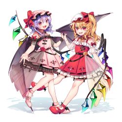 Rule 34 | 2girls, :d, adapted costume, bare shoulders, bat wings, belt, blonde hair, blue hair, commentary request, cross, dress, fang, flandre scarlet, flower, full body, gunjou row, hair between eyes, hat, hat ribbon, high heels, highres, holding hands, inverted cross, leg lift, looking at viewer, mob cap, multiple girls, nail polish, one side up, open mouth, orange flower, orange rose, partial commentary, petticoat, pink dress, pink footwear, pink headwear, raglan sleeves, red dress, red eyes, red flower, red footwear, red nails, red rose, remilia scarlet, ribbon, rose, see-through, see-through sleeves, shadow, short hair, short sleeves, siblings, simple background, sisters, slit pupils, smile, standing, standing on one leg, touhou, transparent wings, white background, white headwear, wings, wrist cuffs