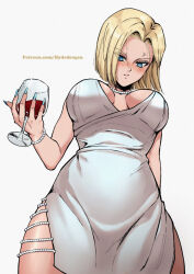 Rule 34 | 1girl, android 18, anger vein, blonde hair, blue eyes, blush, bracelet, breasts, dragon ball, dragonball z, dress, drunk, female focus, highres, hydedrogen, jewelry, large breasts, looking at viewer, medium hair, nail polish, necklace, pearl necklace, solo