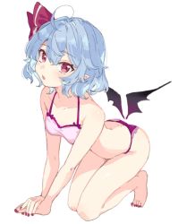 Rule 34 | 1girl, ahoge, all fours, barefoot, bat wings, blue hair, blush, bra, breasts, detached wings, fang, full body, hair between eyes, highres, looking at viewer, low wings, nail polish, no headwear, no headwear, open mouth, panties, paragasu (parags112), parted lips, pointy ears, red eyes, red nails, remilia scarlet, short hair, simple background, small breasts, solo, toenail polish, toenails, touhou, underwear, underwear only, white background, wings