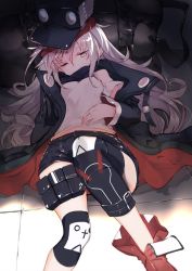Rule 34 | 1girl, bad id, bad twitter id, black shorts, breasts, g11 (girls&#039; frontline), girls&#039; frontline, grey eyes, hair between eyes, hat, indoors, jacket, knee pads, long hair, lying, messy hair, off shoulder, on back, one eye closed, red footwear, scarf, scarf on head, shiromiso, shirt, shoes, short shorts, shorts, sleeveless, sleeveless shirt, solo, white hair