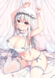 Rule 34 | 1girl, arms up, baby bottle, bad id, bad twitter id, bed, bed sheet, blush, bottle, bound, bound wrists, bra, breasts, cleavage, commentary request, curtains, embarrassed, frilled hat, frilled thighhighs, frills, hair between eyes, hat, highres, large breasts, lingerie, long hair, looking at viewer, milk bottle, mob cap, navel, open mouth, original, pacifier, panties, partially visible vulva, purple eyes, sidelocks, sitting, solo, thighhighs, underwear, wariza, watagashi yui, white background, white bra, white hair, white hat, white panties