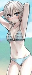Rule 34 | 1girl, anastasia (idolmaster), armpits, arms up, beach, bikini, blue bikini, blue eyes, blush, breasts, cleavage, contrapposto, cowboy shot, day, earrings, frilled bikini, frills, gradient background, halterneck, idolmaster, jewelry, looking at viewer, navel, outdoors, short hair, silver hair, small breasts, solo, standing, sweatdrop, swimsuit, yu 65026