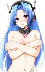 Rule 34 | 5pb (neptunia), blue hair, blush, breasts, collar, commentary request, covering privates, covering breasts, doria (p f dolia), hair intakes, headphones, highres, long hair, looking at viewer, medium breasts, navel, neptune (series), nude, parted bangs, purple eyes, simple background, solo, tattoo, treble clef, wavy mouth, white background