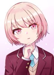 Rule 34 | 1other, akiyama mizuki, aqua necktie, blazer, brown cardigan, cardigan, collared shirt, commentary request, gradient background, hand up, highres, ixia (ixia424), jacket, long sleeves, looking at viewer, necktie, other focus, parted lips, pink eyes, pink hair, project sekai, red jacket, school uniform, shirt, short hair, simple background, solo, upper body, white shirt