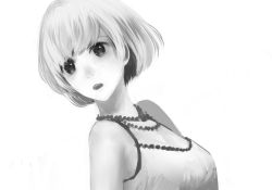 Rule 34 | 1girl, commentary, greyscale, jewelry, looking back, monochrome, necklace, open mouth, original, portrait, sakimori (hououbds), short hair, simple background, solo, white background