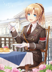 Rule 34 | 1girl, :d, blonde hair, blue eyes, blurry, blurry background, bow, brown bow, brown jacket, brown necktie, brown pantyhose, brown skirt, chair, collared shirt, commentary request, cup, day, depth of field, fence, food, gloves, hair bow, half gloves, highres, holding, holding cup, holding saucer, jacket, long hair, long sleeves, looking at viewer, military, military jacket, military uniform, mono lith, necktie, on chair, open mouth, original, outdoors, pantyhose, parted bangs, ponytail, revision, saucer, shirt, sitting, skirt, smile, solo, table, teacup, uniform, white gloves, white shirt