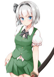Rule 34 | 1girl, black bow, black neckwear, blue eyes, blush, bow, breasts, buttons, closed mouth, collar, green skirt, green vest, grey hairband, hairband, katana, konpaku youmu, looking at viewer, medium breasts, midriff, midriff peek, miniskirt, puffy short sleeves, puffy sleeves, rururiaru, shirt, short hair, short sleeves, silver hair, simple background, skirt, solo, sword, touhou, vest, weapon, white background, white shirt, white sleeves