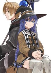 Rule 34 | 1boy, 1girl, ahoge, black skirt, blue eyes, blue hair, boots, braid, brown jacket, closed mouth, crossed bangs, green eyes, grey robe, hat, highres, interlocked fingers, jacket, jun (rellik &amp; redrum), light brown hair, long hair, mage staff, mushoku tensei, own hands together, parted lips, robe, roxy migurdia, rudeus greyrat, short hair, simple background, sitting, skirt, smile, thigh boots, twin braids, white background, witch hat