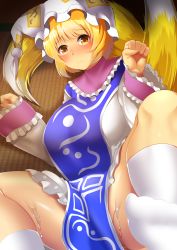 Rule 34 | 1girl, animal hat, blonde hair, blush, breasts, closed mouth, dress, fox tail, frilled sleeves, frills, hat, highres, hitotsuki nebura, large breasts, long sleeves, looking at viewer, lying, mob cap, multiple tails, nose blush, on side, mob cap, short hair, socks, solo, spread legs, sweat, tabard, tail, tassel, touhou, white dress, white socks, wide sleeves, yakumo ran, yellow eyes