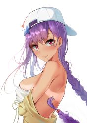Rule 34 | 1girl, absurdres, bb (fate), bb (fate) (all), bb (swimsuit mooncancer) (fate), bb (swimsuit mooncancer) (first ascension) (fate), blush, braid, breasts, closed mouth, fate/grand order, fate (series), hat, highres, k1np, large breasts, long hair, purple hair, red eyes, simple background, single braid, solo, star (symbol), swimsuit, tan, tanline, upper body, white background, white hat