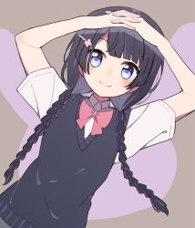 Rule 34 | 1girl, black hair, black sweater vest, blue eyes, blush, bow, bowtie, braid, closed mouth, cowboy shot, dutch angle, from above, hair ornament, hairpin, hands on own head, interlocked fingers, long bangs, long hair, looking at viewer, low twin braids, lying, nijisanji, on back, own hands together, pink bow, pink bowtie, shirt, short sleeves, sidelocks, smile, solo, sou (tuhut), sweater vest, tsukino mito, tsukino mito (3rd costume), twin braids, v-neck, virtual youtuber, white shirt