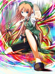 Rule 34 | 1girl, an (angular-angler), bad id, bad pixiv id, blue eyes, braid, china dress, chinese clothes, dress, ex-meiling, female focus, fighting stance, full body, hat, hong meiling, immaterial and missing power, long hair, rainbow aura, red hair, solo, touhou, twin braids