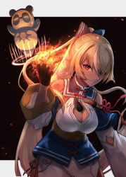 Rule 34 | 1girl, absurdres, black gloves, blonde hair, bow, breasts, cleavage, cleavage cutout, clothing cutout, dark-skinned female, dark skin, fingerless gloves, fire, gloves, hair bow, hand up, highres, hololive, large breasts, long hair, looking at viewer, peppertomo, shiranui flare, shiranui flare (old design), smile, standing, tan, very long hair, virtual youtuber, wide sleeves