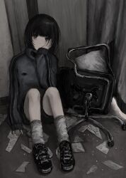 Rule 34 | 1girl, bad id, bad twitter id, black eyes, black footwear, black hair, black jacket, black shorts, chair, chan8016, closed mouth, door, full body, hand on own cheek, hand on own face, highres, inactive account, indoors, jacket, knees up, leg warmers, long sleeves, looking at viewer, messy room, office chair, on floor, original, paper, shoes, short hair, shorts, sitting, sleeves past wrists, sneakers, solo, swivel chair, torn paper, track jacket