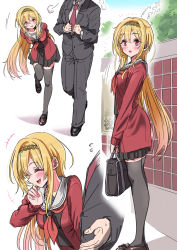 Rule 34 | +++, 1boy, 1girl, :d, absurdres, arms behind back, black footwear, black jacket, black pants, black serafuku, black shirt, black skirt, blonde hair, blush, brick wall, briefcase, brown footwear, commentary request, flying sweatdrops, formal, grey thighhighs, grin, hair between eyes, head out of frame, highres, holding, idolmaster, idolmaster cinderella girls, idolmaster cinderella girls starlight stage, jacket, kurosaki chitose, loafers, long hair, long sleeves, nail polish, neckerchief, necktie, open clothes, open jacket, open mouth, pants, pink nails, pizzasi, pleated skirt, producer (idolmaster), red eyes, red jacket, red neckwear, sailor collar, school briefcase, school uniform, serafuku, shirt, shoes, skirt, smile, standing, standing on one leg, suit, thighhighs, very long hair, watch, white sailor collar, wristwatch