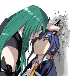 Rule 34 | 2girls, arknights, armband, black eyes, black jacket, black shirt, blue hair, ch&#039;en (arknights), chinese commentary, closed mouth, collared shirt, commentary, crack, cracked wall, dragon horns, dress shirt, expressionless, face-to-face, from side, green hair, hair between eyes, height difference, highres, horns, hoshiguma (arknights), jacket, kabedon, long hair, looking at another, medium hair, multiple girls, necktie, open clothes, open jacket, profile, red eyes, shirt, sidelocks, simple background, single horn, skin-covered horns, sleeveless, sleeveless shirt, straight hair, twintails, upper body, white background, white shirt, wing collar, yellow neckwear, yu yanshu, yuri