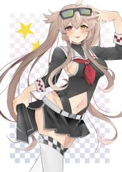 Rule 34 | 1girl, adapted costume, black skirt, breasts, brown eyes, checkered background, eyewear on head, hair flaps, heterochromia, highres, kantai collection, leotard, light brown hair, long hair, long sleeves, medium breasts, murasame (kancolle), murasame kai ni (kancolle), neckerchief, official alternate costume, race queen, red eyes, red neckerchief, sailor collar, skirt, solo, sunglasses, thighhighs, toriniku senshi chikinman, twintails, two side up, white background, white sailor collar, white thighhighs