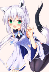 Rule 34 | 1girl, :d, animal ear fluff, animal ears, azur lane, bad id, bad pixiv id, bare shoulders, black pantyhose, black skirt, blue neckerchief, blush, braid, breasts, brown background, cleavage, commentary request, detached sleeves, fox ears, fox girl, fox shadow puppet, fox tail, frilled skirt, frills, green eyes, hair between eyes, hand up, highres, hololive, kedama (kedama akaza), long sleeves, neckerchief, open mouth, pantyhose, pleated skirt, shirakami fubuki, shirt, silver hair, simple background, skirt, sleeveless, sleeveless shirt, sleeves past wrists, small breasts, smile, solo, tail, virtual youtuber, white shirt, white sleeves, wide sleeves