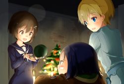 Rule 34 | 10s, 3girls, ame., bandaid, bandaid on face, black hair, blonde hair, blue eyes, blurry, blush, bokeh, brave witches, brown eyes, brown hair, candlelight, christmas, christmas tree, commentary, dark, depth of field, frown, gift, hair ornament, hairclip, hand up, indoors, kanno naoe, karibuchi hikari, looking at another, looking down, looking to the side, multiple girls, night, nikka edvardine katajainen, open mouth, serious, short hair, smile, sweatdrop, toy, world witches series