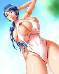Rule 34 | 1girl, 286c, armband, blue hair, bracelet, breasts, cleavage, cleavage cutout, clothing cutout, female focus, fire emblem, fire emblem fates, gold, gradient background, huge breasts, jewelry, mature female, nature, nintendo, nipple slip, nipples, one-piece swimsuit, orange eyes, outdoors, plant, ponytail, reina (fire emblem), sky, smile, solo, swimsuit, thick thighs, thighs
