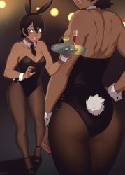 Rule 34 | 1girl, animal ears, ass, back, backless leotard, black hair, blue eyes, blush, breasts, cleavage, dark-skinned female, dark skin, detached collar, detached sleeves, earrings, fake animal ears, hand on own hip, highres, holding, holding tray, jewelry, k&#039;lyn, leotard, looking to the side, open mouth, original, pantyhose, playboy bunny, rabbit ears, rabbit tail, razalor, short hair, tail, toned, tray