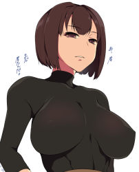 Rule 34 | 10s, 1girl, abs, breasts, brown eyes, brown hair, covered erect nipples, hyuuga (kancolle), impossible clothes, impossible shirt, kantai collection, pochi (pochi-goya), shirt, short hair, simple background, solo, toned, translated, turtleneck, white background