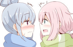 Rule 34 | 2girls, aikawa ryou, blue hair, blue scarf, blush, closed mouth, commentary request, eye contact, green eyes, green scarf, hair between eyes, hair ornament, hair scrunchie, kagamihara nadeshiko, long hair, looking at another, multiple girls, open mouth, pink hair, profile, purple eyes, scarf, scrunchie, shima rin, sidelocks, simple background, sweat, translation request, wavy mouth, white background, white scrunchie, yuri, yurucamp