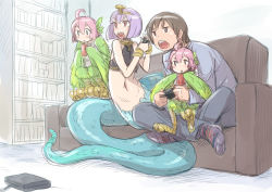 Rule 34 | 1boy, 3girls, ahoge, bad id, bad pixiv id, bookshelf, brown hair, circlet, controller, couch, crop top, crossed legs, feather hair, feathered wings, game console, game controller, halterneck, harpy, juice box, lamia, monster girl, multiple girls, navel, nucomas, original, pink hair, playing games, purple eyes, purple hair, scales, short hair, sitting, sitting on lap, sitting on person, snake tail, socks, tail, talons, winged arms, wings