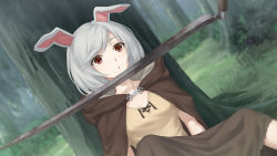 Rule 34 | 1girl, :o, animal ears, blurry, blurry background, breasts, brown cloak, brown shirt, cloak, commentary, day, depth of field, english commentary, grey hair, highres, hood, hood down, hooded cloak, miura-n315, notched ear, original, outdoors, parted lips, rabbit ears, red eyes, rust, shirt, short sleeves, small breasts, solo, swept bangs, thick eyebrows, tree, weapon, weapon request