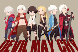 Rule 34 | 2girls, 4boys, akumey, ascot, black hair, blonde hair, brown background, capcom, chibi, choker, claws, curtained hair, dante (devil may cry), devil may cry, devil may cry (series), devil may cry 3, devil may cry 4, dual persona, everyone, flower, glowing, glowing hand, gun, heterochromia, highres, holding, holding sword, holding weapon, hood, hoodie, jacket, katana, lady (devil may cry), midriff, mouth hold, multiple boys, multiple girls, nero (devil may cry), open collar, rose, scabbard, sheath, simple background, skirt, sword, trish (devil may cry), vergil (devil may cry), weapon, white hair