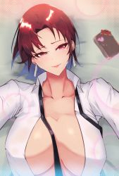 Rule 34 | 1girl, bazett fraga mcremitz, black necktie, blush, box, breasts, center opening, cleavage, collarbone, collared shirt, dress shirt, earrings, fate/hollow ataraxia, fate (series), gift, gift box, highres, jewelry, large breasts, looking at viewer, lying, mole, mole under eye, necktie, on back, parted bangs, red eyes, red hair, shirt, short hair, smile, solo, white shirt, zumizu