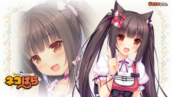 Rule 34 | 10s, 1girl, :3, :d, animal ears, arm ribbon, border, bow, brown eyes, brown hair, cat ears, cat tail, chocola (nekopara), copyright name, dress, floral background, gradient background, hair bow, hair ornament, hair ribbon, happy, highres, index finger raised, long hair, looking at viewer, nekopara, open mouth, puffy short sleeves, puffy sleeves, ribbon, sayori (neko works), short sleeves, slit pupils, smile, solo, tail, twintails, very long hair, wallpaper, zoom layer