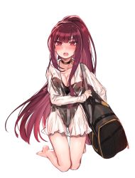 Rule 34 | 1girl, bag, bare legs, barefoot, black one-piece swimsuit, blunt bangs, blush, braid, breasts, choker, cleavage, crown braid, full-face blush, full body, girls&#039; frontline, highres, kneeling, large breasts, long hair, looking at viewer, official alternate costume, one-piece swimsuit, open mouth, ponytail, purple hair, red eyes, see-through, shan, shoulder bag, side ponytail, sidelocks, simple background, solo, swimsuit, swimsuit under clothes, very long hair, wa2000 (girls&#039; frontline), wa2000 (op. manta ray) (girls&#039; frontline), white background