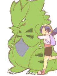 Rule 34 | 1990s (style), 1girl, backpack, bag, bare legs, bike shorts, blue hair, closed eyes, creatures (company), game freak, gen 2 pokemon, hat, height difference, hug, kris (pokemon), nintendo, open mouth, pokemon, pokemon (creature), pokemon gsc, retro artstyle, simple background, smile, tegaki, twintails, tyranitar
