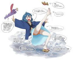 Rule 34 | 1girl, 3:, ^^^, alternate costume, arrow (symbol), beige sweater, blue eyes, blue hair, blue robe, blue skirt, brown footwear, commentary request, geta, hair between eyes, heterochromia, ice, kitano (kitanosnowwhite), leg up, long sleeves, open mouth, orange shorts, outstretched arms, pantyhose, pantyhose under shorts, purple umbrella, red eyes, ribbed sweater, robe, short hair, shorts, shorts under skirt, simple background, skirt, slipping, snow, socks, solo, sweater, tatara kogasa, thighs, tongue, touhou, translation request, turtleneck, turtleneck sweater, umbrella, white background, white socks, wide sleeves