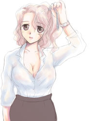 Rule 34 | 1girl, artist request, blouse, breasts, brown eyes, cleavage, curly hair, large breasts, long hair, original, pink hair, ponytail, shirt, simple background, skirt, smile, solo, white background