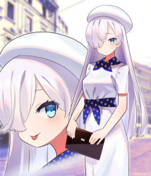 Rule 34 | 1girl, anastasia (fate), beret, blue eyes, blue scarf, blush, breasts, contemporary, dress, fate/grand order, fate (series), hair over one eye, hat, large breasts, long hair, looking at viewer, multiple views, sash, scarf, short sleeves, silver hair, smile, tongue, tongue out, white dress, white headwear, zenshin