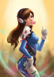 Rule 34 | 1girl, armor, artist name, ass, bodysuit, boots, bracer, breasts, brown eyes, brown hair, blowing bubbles, chewing gum, cowboy shot, d.va (overwatch), dated, emblem, eyelashes, felia hanakata, from side, gloves, hand on own hip, headphones, legs together, lips, logo, long hair, long sleeves, matching hair/eyes, medium breasts, overwatch, overwatch 1, pauldrons, pilot suit, pink lips, ribbed bodysuit, ryfee, shoulder armor, shoulder pads, skin tight, solo, swept bangs, thigh boots, thigh strap, thighhighs, turtleneck, white footwear, white gloves