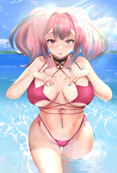 Rule 34 | 1girl, :p, azur lane, bare shoulders, bikini, blue sky, blush, breasts, bremerton (azur lane), choker, cleavage, cloud, collarbone, commentary request, cowboy shot, day, gluteal fold, grey hair, groin, hair between eyes, hair intakes, hands on own chest, highres, large breasts, lifebuoy ornament, light rays, long hair, looking at viewer, mole, mole on breast, mole under eye, multicolored hair, navel, navel piercing, no mole, ocean, outdoors, piercing, pink bikini, pink eyes, pink hair, side-tie bikini bottom, sidelocks, sky, smile, solo, standing, stomach, streaked hair, sunbeam, sunlight, swimsuit, t.o (uiop789123456), tongue, tongue out, twintails, two-tone hair, wading, wet